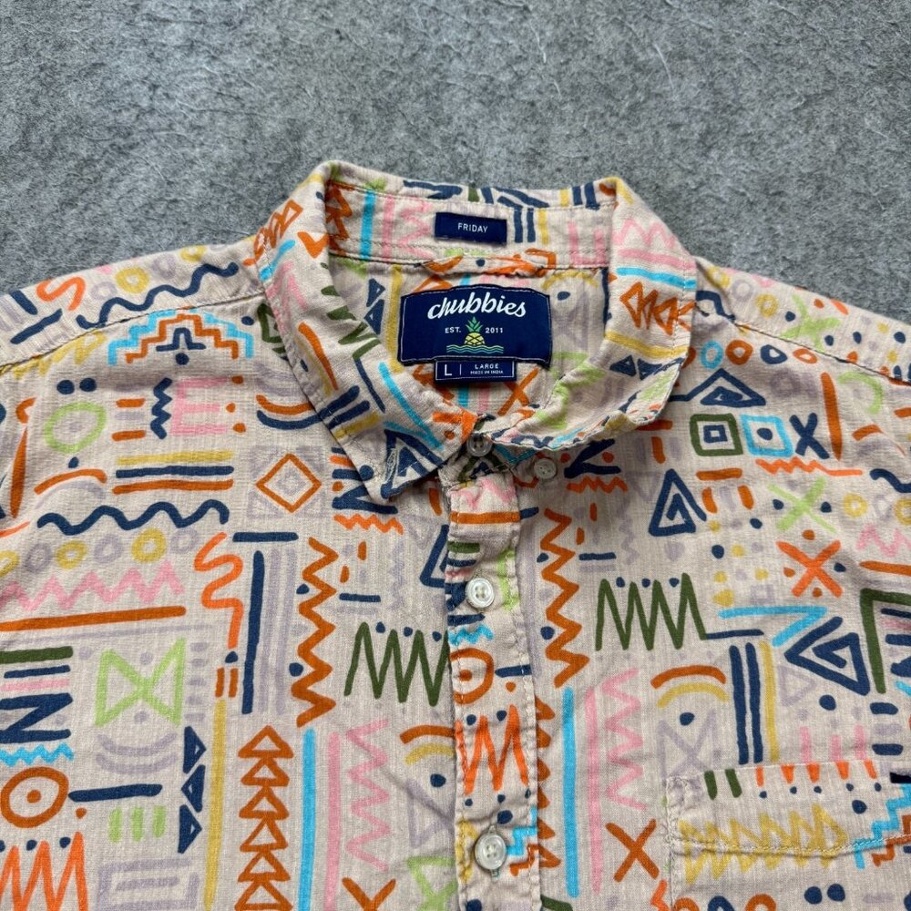 Chubbies Button-Down Shirt Men L Pink Orange Green Geometric Friday Rayon